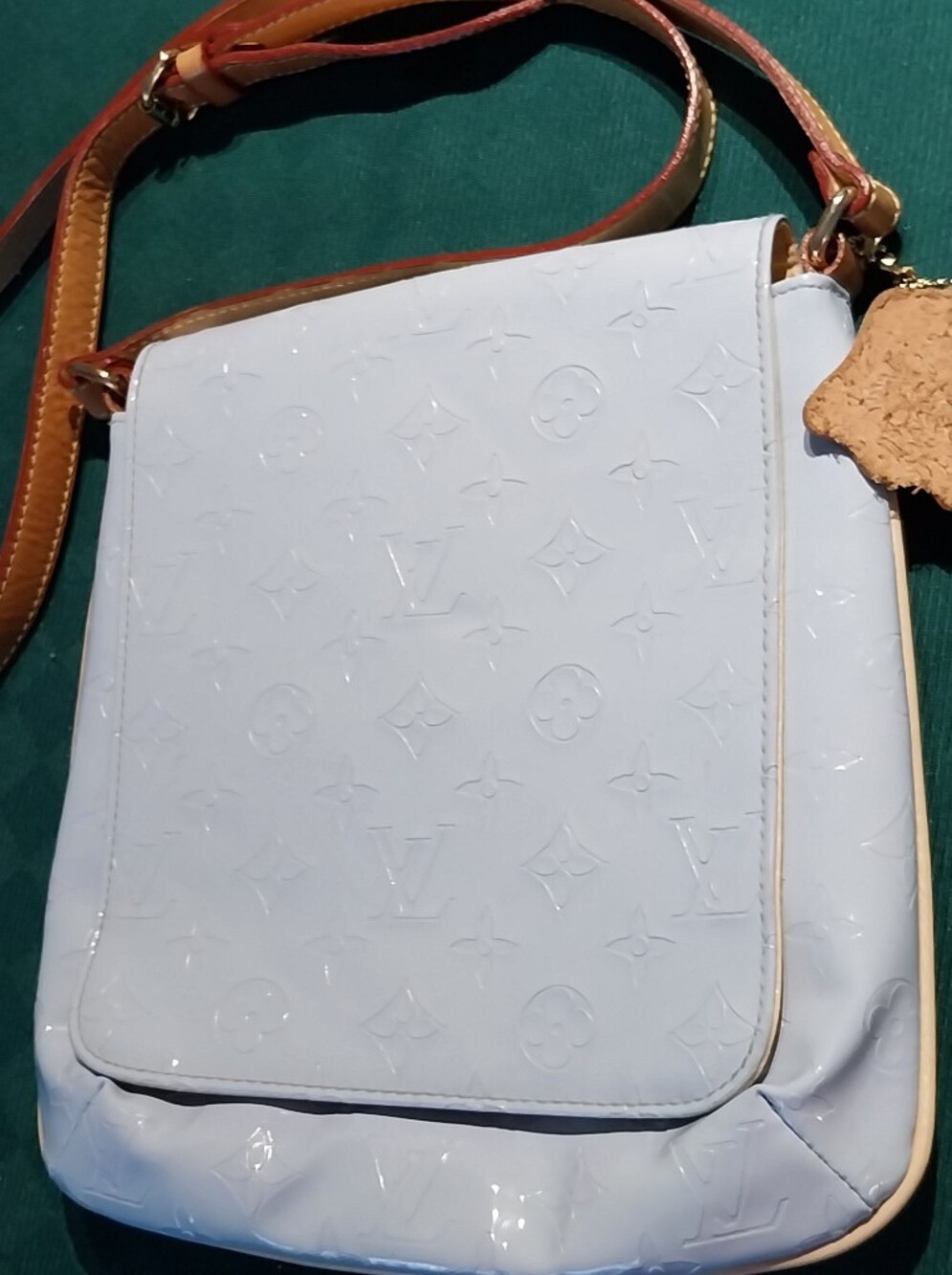 Lv Light Blue Monogram-Embossed Crossbody Bag with Tan Strap
